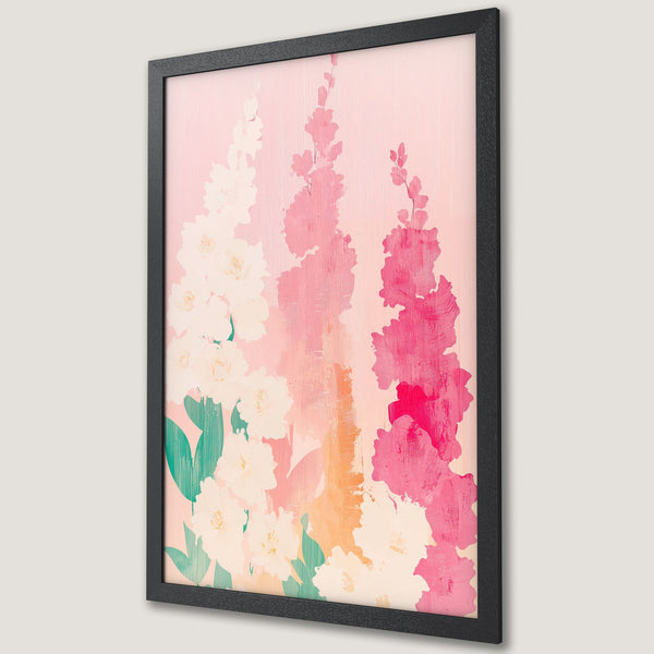 Framed Poster featuring a floral abstract design with pink, white, and green hues, perfect for adding a touch of elegance to your space.