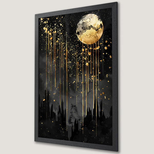 Framed Poster featuring a gold moon and abstract gold accents on a black background. Modern art style, elegant color palette.