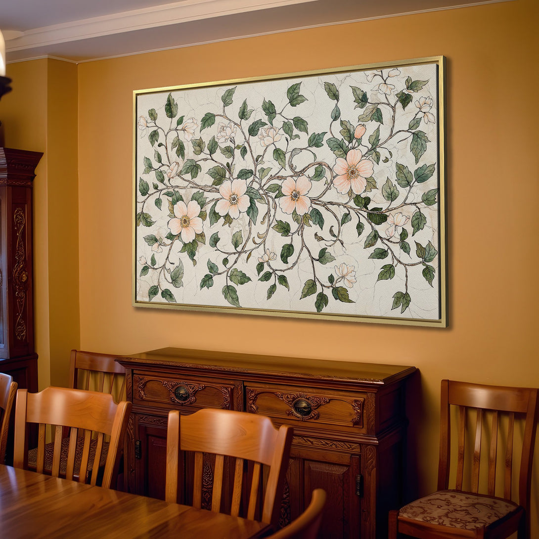 Canvas Print of floral artwork in a neutral color palette, perfect for adding a touch of elegance to your living room.