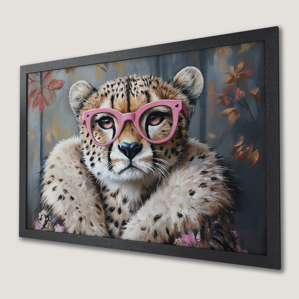 Framed Poster featuring a cheetah wearing pink glasses, artistic style, with a warm neutral and pink color palette. Perfect wall art!