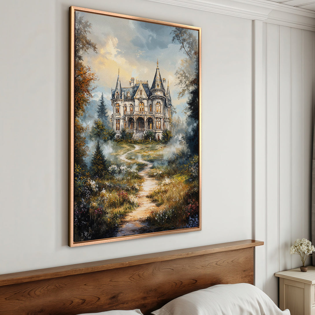 Framed Wall Art: Elegant castle landscape painting with warm, earthy tones. Perfect for adding a touch of classic style to your bedroom decor.