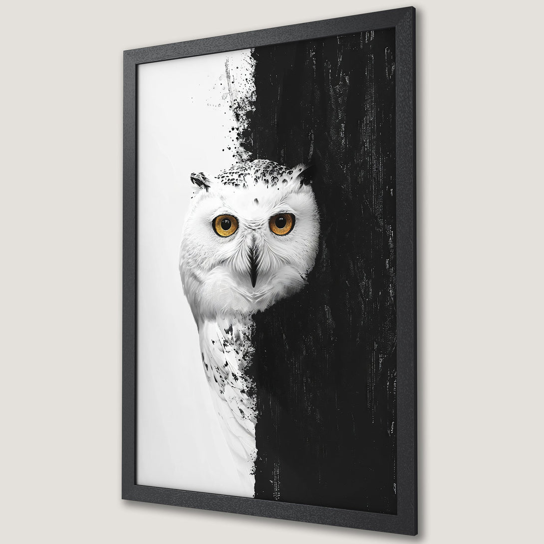 Framed Poster featuring a striking owl in a black and white abstract style with a pop of gold. Perfect wall art!
