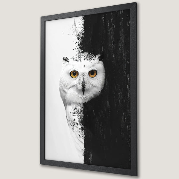 Framed Poster featuring a striking owl in a black and white abstract style with a pop of gold. Perfect wall art!