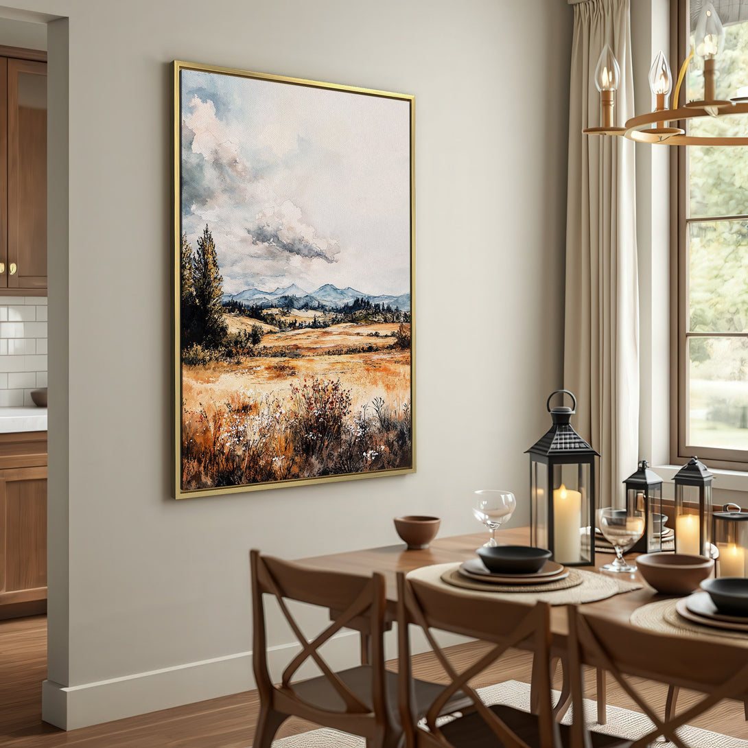 Canvas Print of a watercolor landscape painting, featuring a field and mountains in a warm, earthy color palette. Perfect for rustic home decor.
