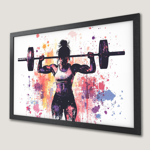 Framed Poster: Strong woman lifting weights, watercolor style, vibrant color splash art. Motivational gym decor.