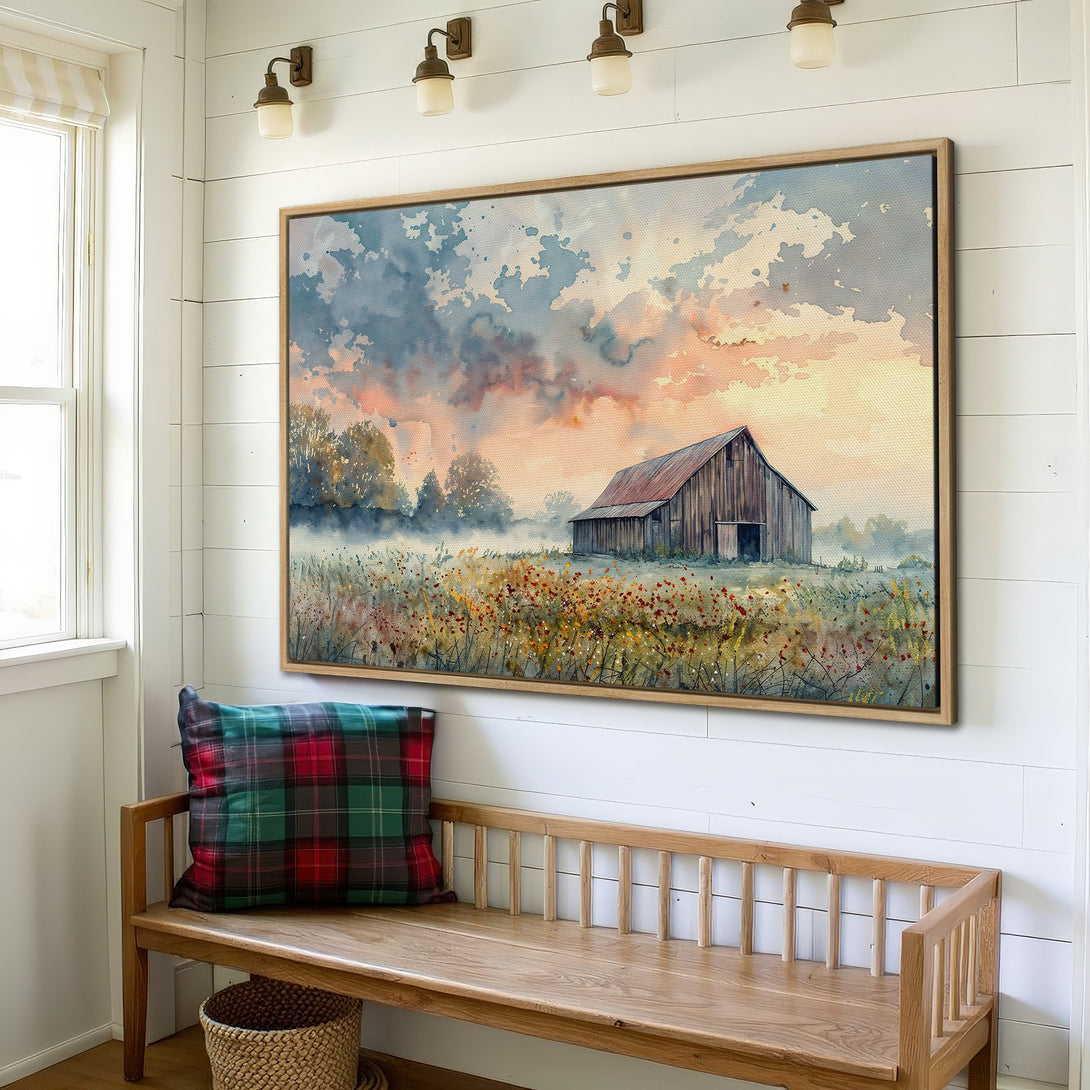 Framed Wall Art: Watercolor barn scene in warm sunset hues. Rustic farmhouse style Canvas Print adds cozy charm to any space.