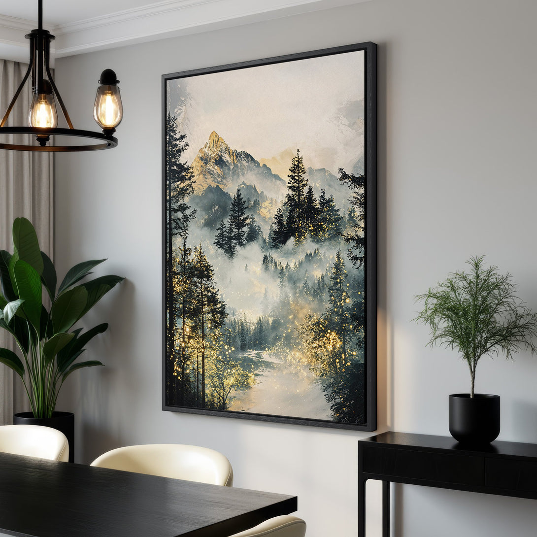 Framed Wall Art: Mountain forest canvas print in muted blues, greens, and gold. Modern landscape art for your home decor.