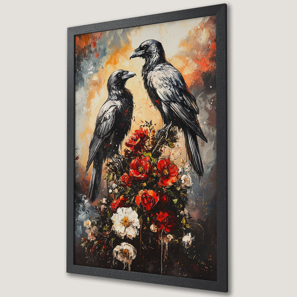 Framed Poster featuring two crows and red roses, an expressive, oil painting style with a warm, dramatic color palette.