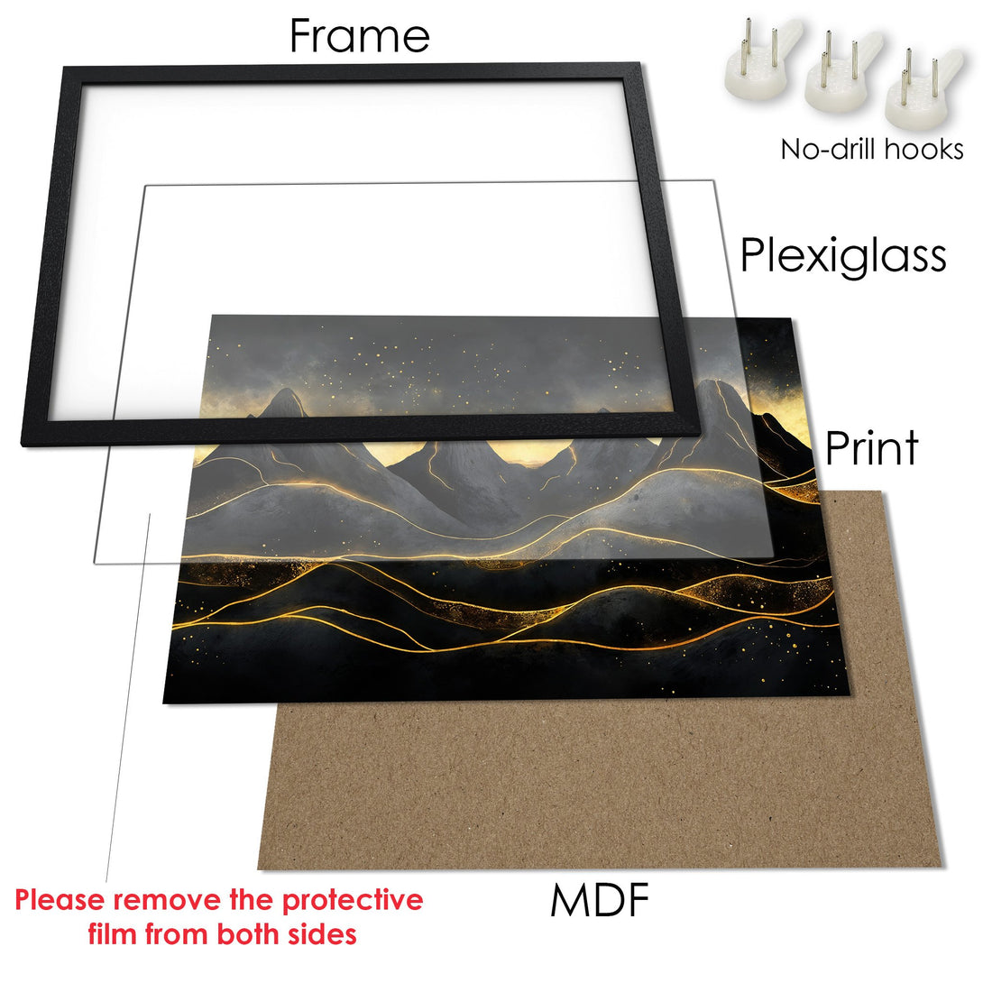 Framed Poster with abstract mountain art in a black and gold color palette. Perfect wall decor for any room!