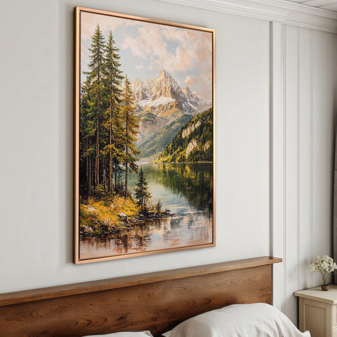 Framed Wall Art: Landscape Canvas Print of a mountain lake scene in a warm, earthy color palette. Perfect for adding a touch of nature to your home decor.