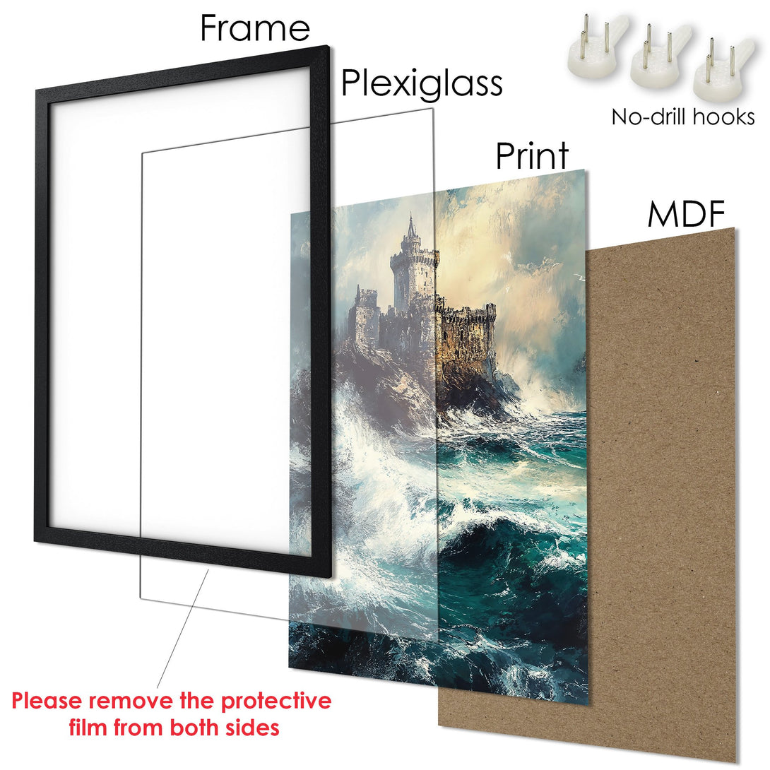Framed Poster of a castle on a stormy sea, with a dramatic style and blue/gold color palette. Add art to your walls!