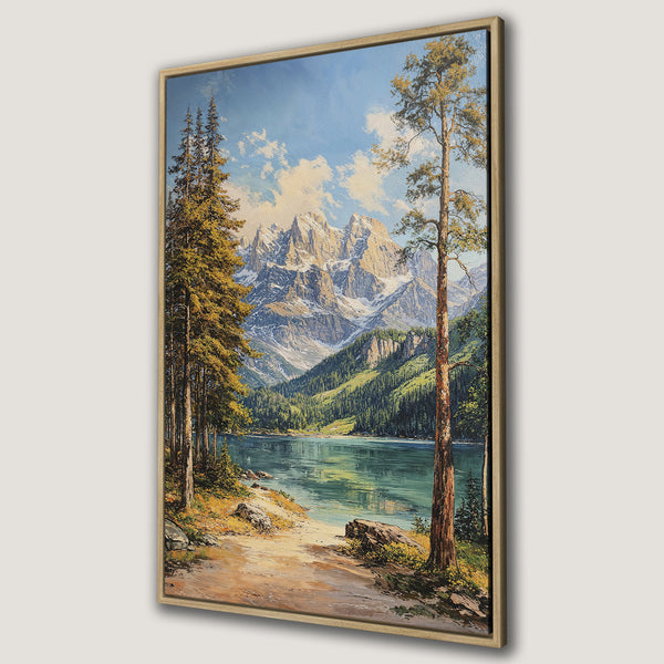 Framed Wall Art: Majestic mountain landscape Canvas Print. Serene oil painting style with a palette of blues, greens, and warm earth tones. Bring nature's beauty indoors!