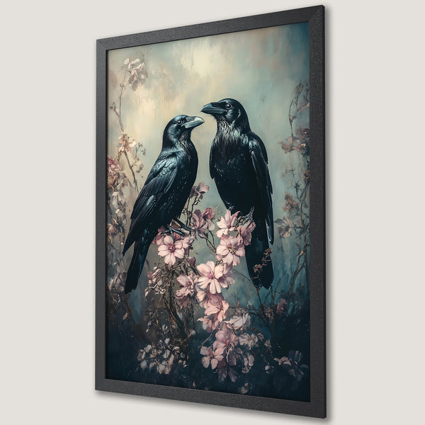Framed Poster featuring two black ravens on a branch with pink flowers, in a vintage style with a dark, moody color palette.