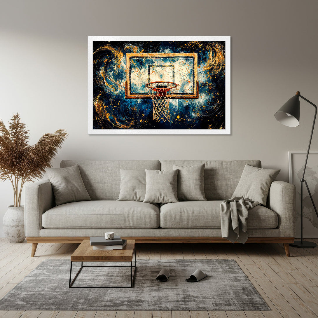 Framed Poster featuring abstract basketball hoop art. Bold blue, gold, and white color palette. Perfect wall decor for sports fans.