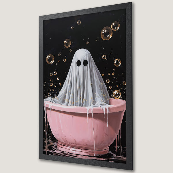 Framed Poster featuring a whimsical ghost in a bathtub with bubbles, in a dark, moody style with pink and gold accents.