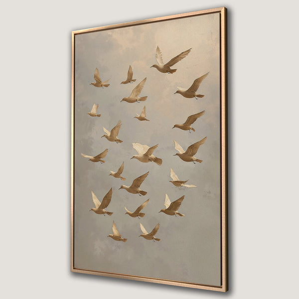Framed Wall Art: Vintage-style Canvas Print of birds in flight. Neutral color palette with beige and gray tones. Perfect for adding a touch of elegance.