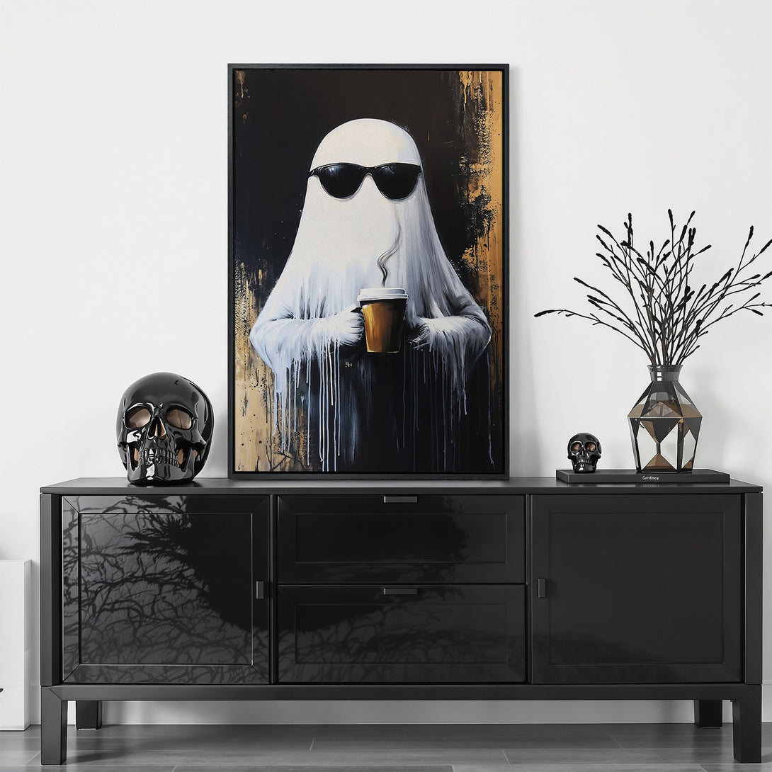 Framed Wall Art: Cool ghost with sunglasses and coffee, modern abstract style. Black, white, and gold color palette. Perfect for Halloween or year-round decor.