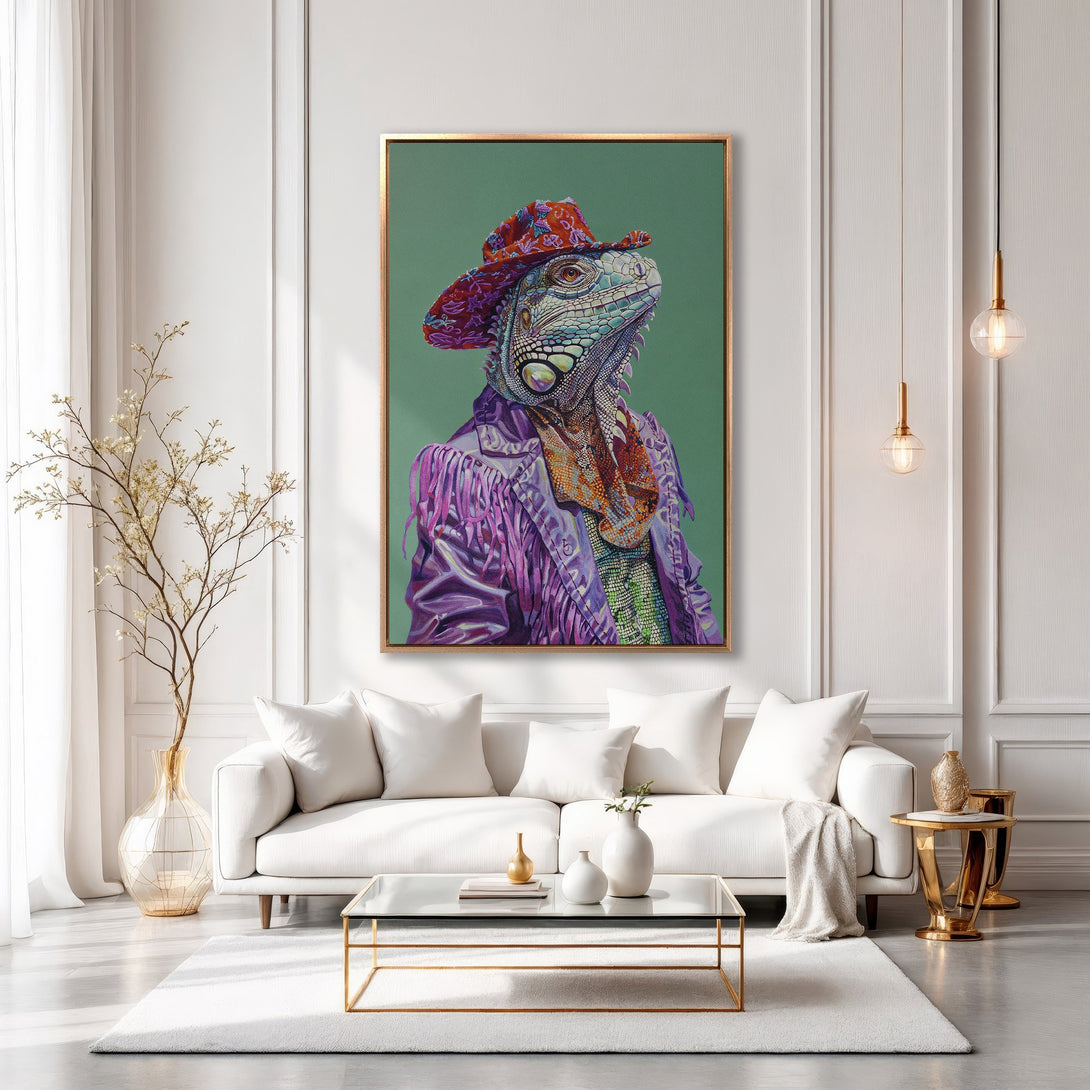 Framed Wall Art featuring a stylish iguana portrait in a vibrant purple and green color palette, perfect for adding personality to any space.