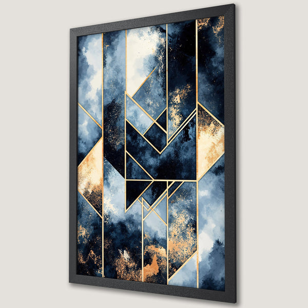 Framed Poster featuring abstract geometric art in blue, gold, and white. Modern wall art for home decor.