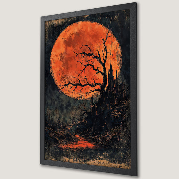 Framed Poster: Spooky Halloween art with a blood moon, castle, and dark color palette. Perfect for a gothic home decor.
