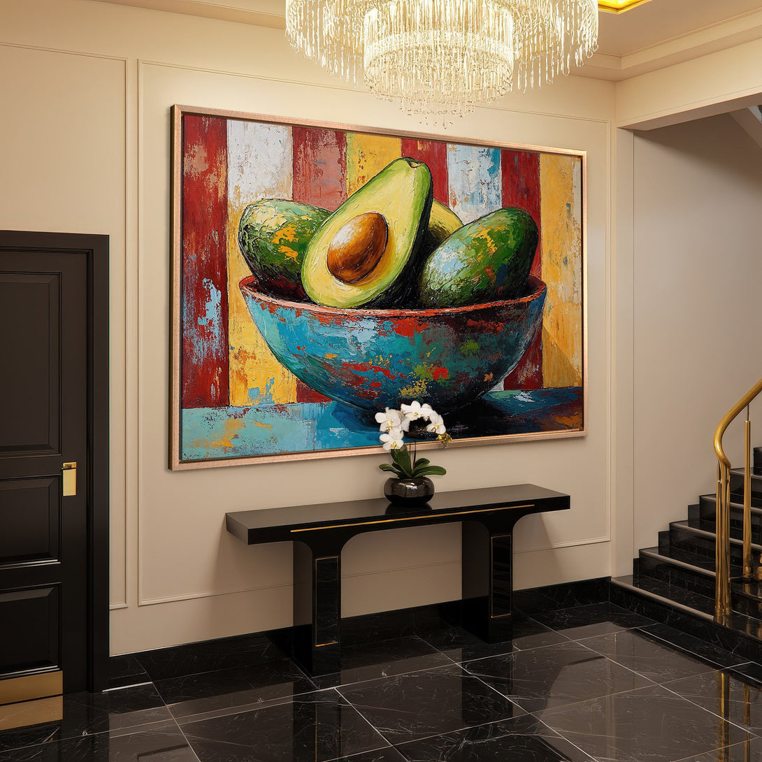 Framed Wall Art: Vibrant avocado painting with a colorful, textured style. Perfect for adding a pop of color to your home decor.