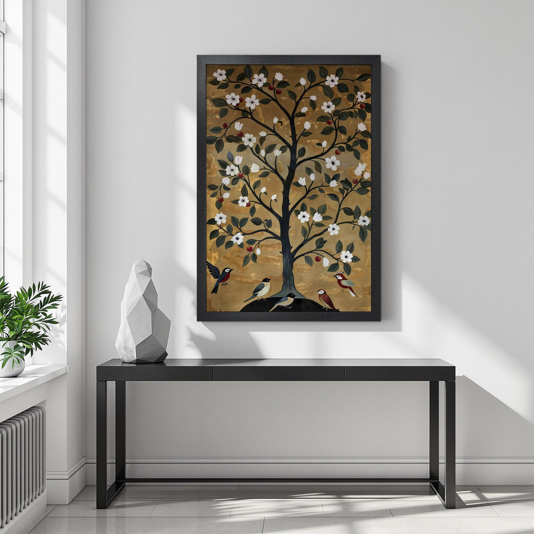Framed Poster featuring a stylized tree with birds, in a warm gold, black, and white color palette. Perfect art for your home!