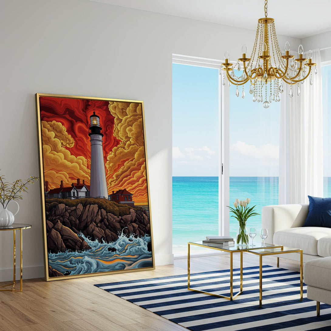 Canvas Print of a lighthouse with vibrant orange and yellow sky. Coastal art in a modern interior with a warm color palette.