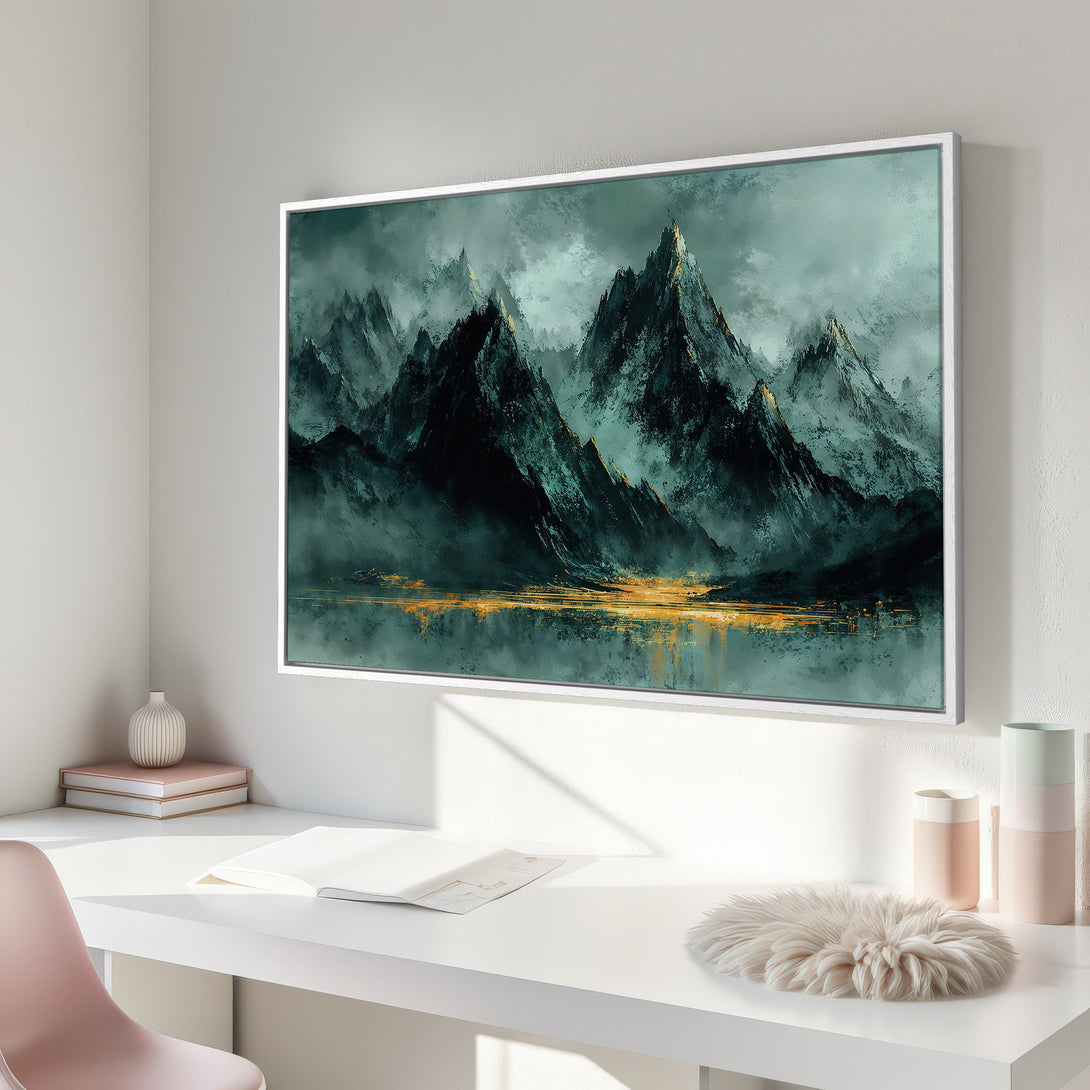 Framed Wall Art: Abstract mountain landscape in teal and gold. Modern canvas print adds a touch of nature and style to any room.
