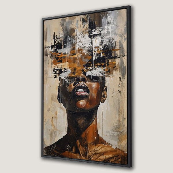 Framed Wall Art: Abstract portrait of a Black woman, modern art style. Earthy tones of brown, beige, black, and white. Perfect for home decor.