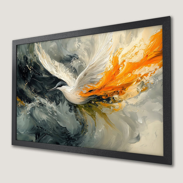 Framed Poster: Abstract bird art print in a modern style with a gray, white, and orange color palette.