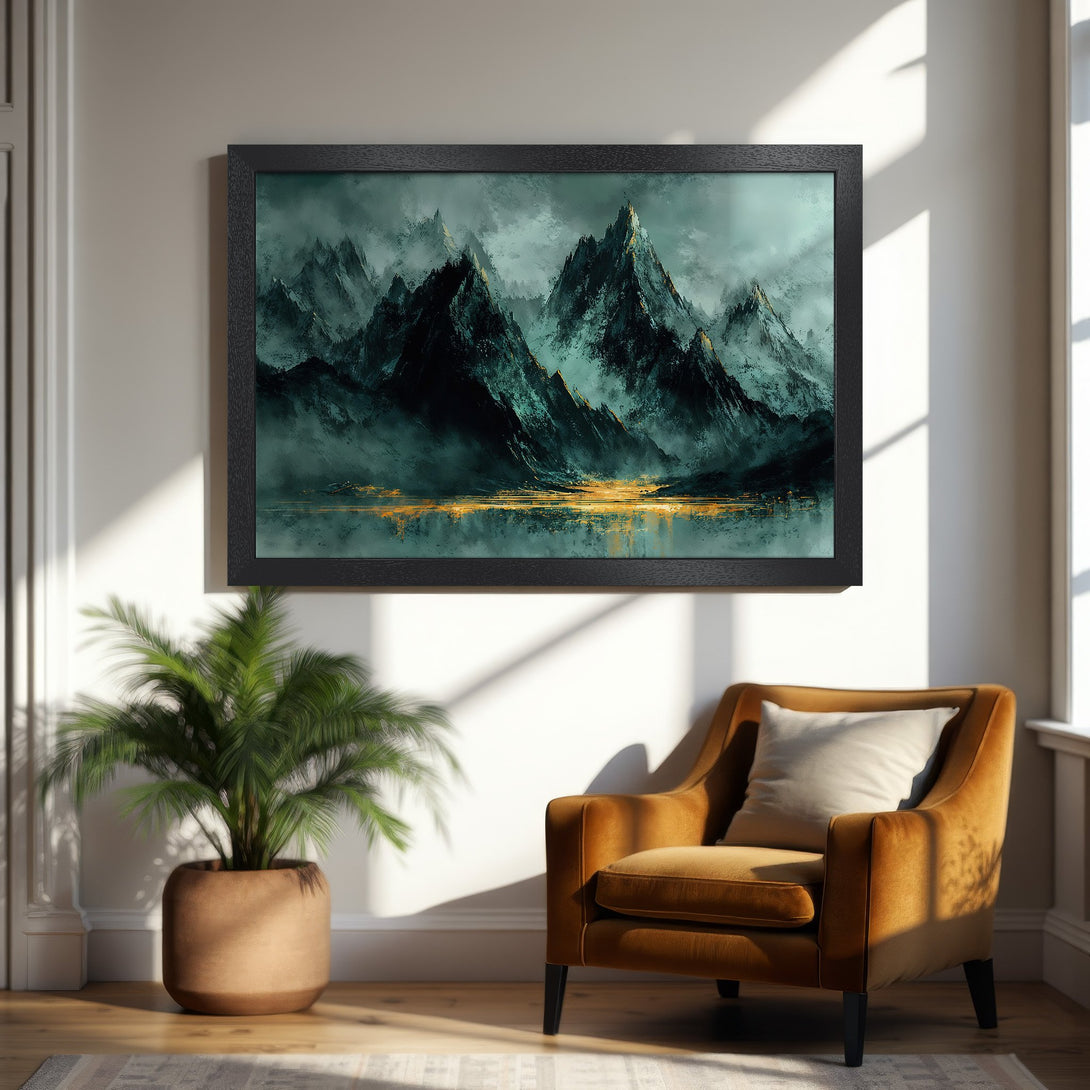 Framed Poster of majestic mountains in a moody, teal and gold color palette. Perfect art for your home!