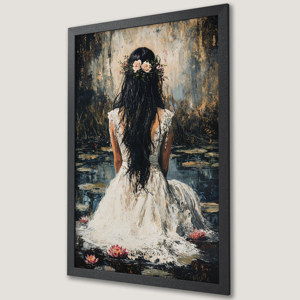 Framed Poster of a woman in white dress with floral crown, impressionist style, dark & gold color palette. Perfect wall art!
