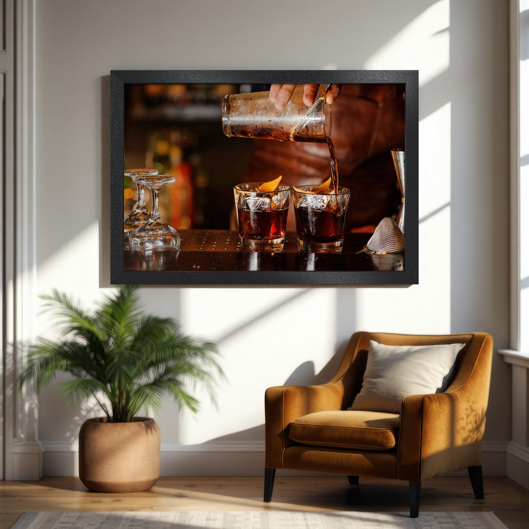 Framed Poster featuring a cocktail being poured, warm tones and a stylish interior. Perfect wall art for your home!