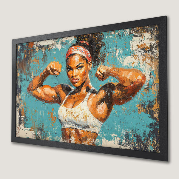 Framed Poster: Powerful woman flexing, abstract art style, teal & orange color palette. Perfect wall art for your home gym!