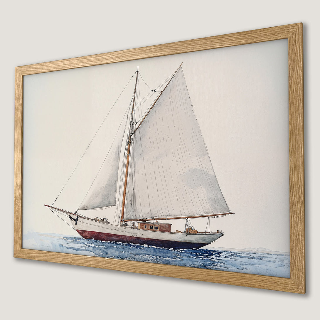 Framed Poster featuring a watercolor sailboat. Coastal art with a neutral color palette, perfect for nautical decor.