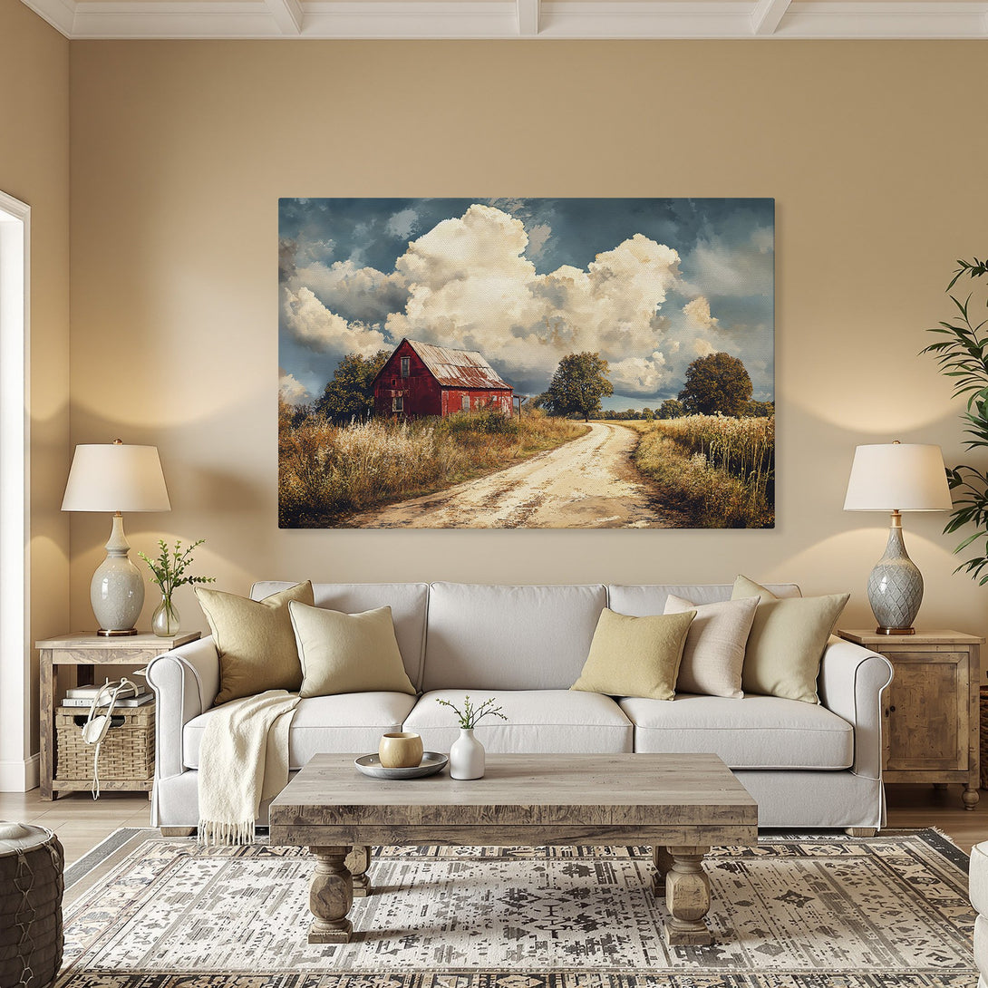 Framed Wall Art: Rustic barn landscape Canvas Print. Warm, earthy tones and a vintage style create a cozy, inviting atmosphere. Perfect for any room!