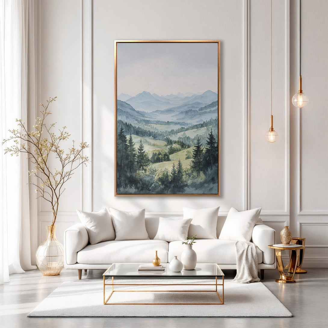 Framed Wall Art: Watercolor landscape print in calming blues and greens. Perfect for adding a touch of nature to your modern living room.