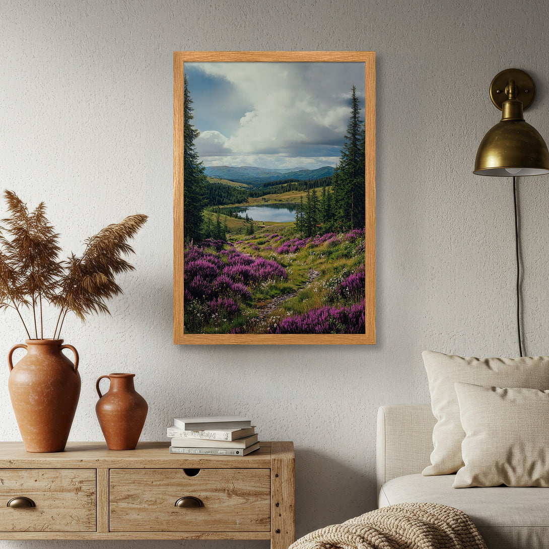 Framed Poster of a serene landscape with a lake, purple flowers, and trees. Earthy tones and a calming aesthetic.