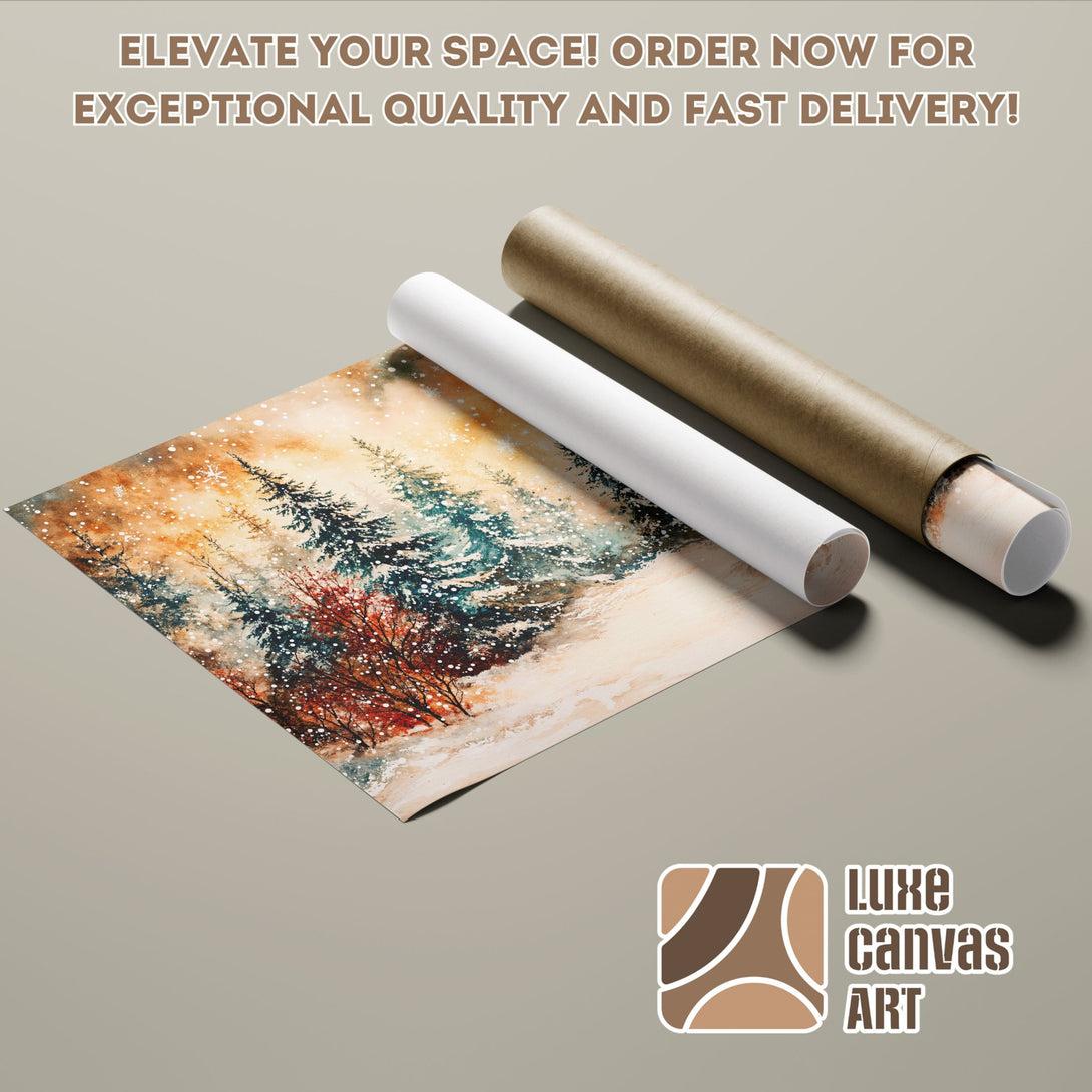 Winter landscape Poster Roll, watercolor style, warm earth tones. Elevate your space!