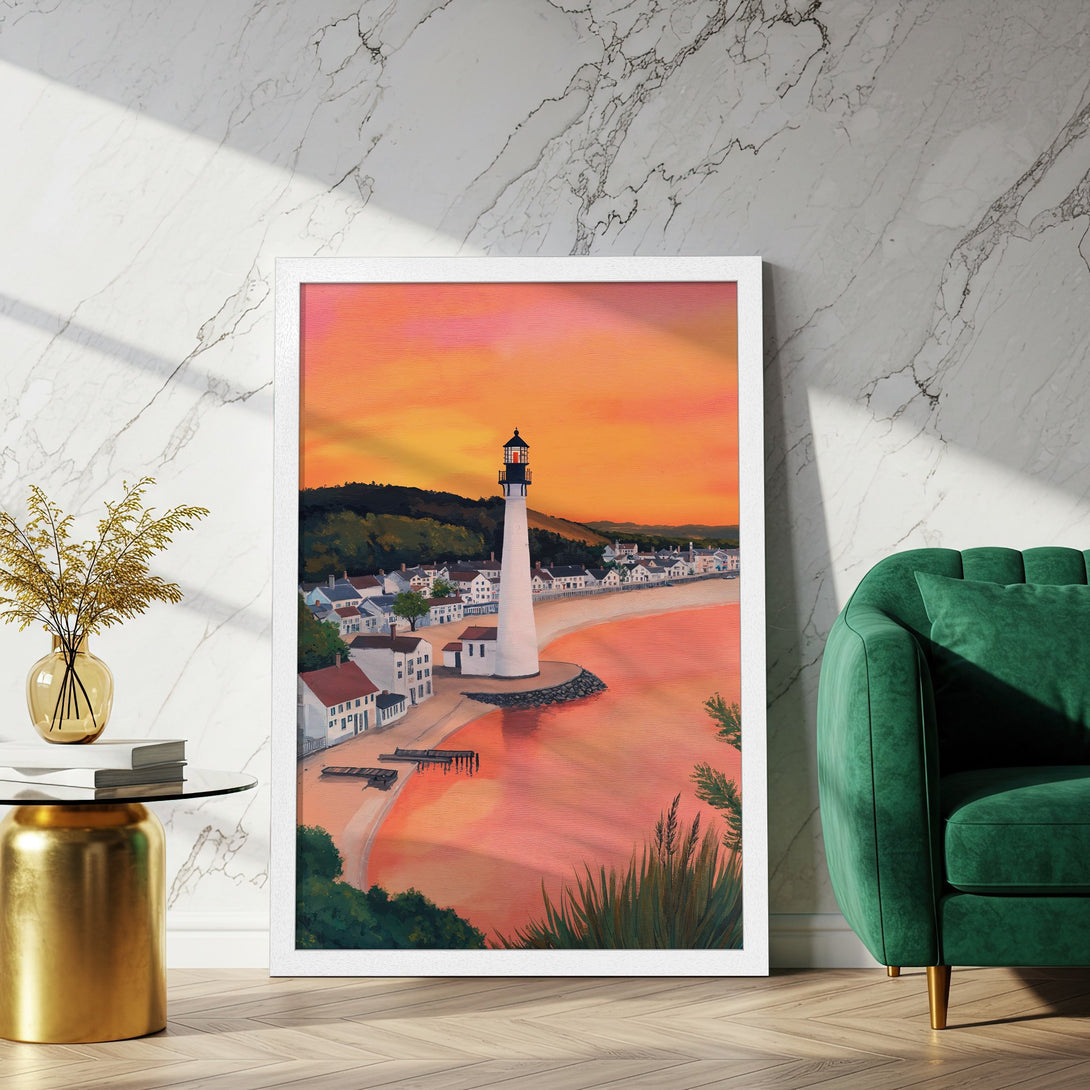 Framed Poster of a coastal lighthouse at sunset. Warm orange and pink hues in a scenic painting style. Perfect wall art for your home.