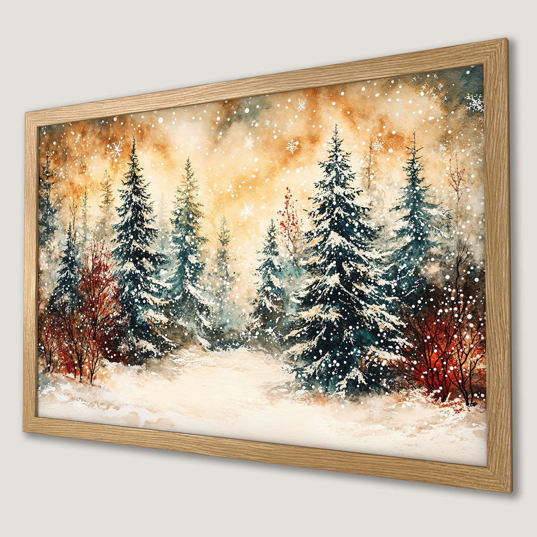Framed Poster of a winter forest scene in watercolor style, featuring a warm color palette with blues, oranges, and whites.