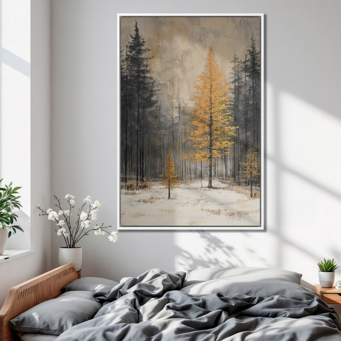 Framed Wall Art: Forest scene with golden trees. Abstract style, neutral color palette. Perfect for bedroom decor, adds warmth and serenity.