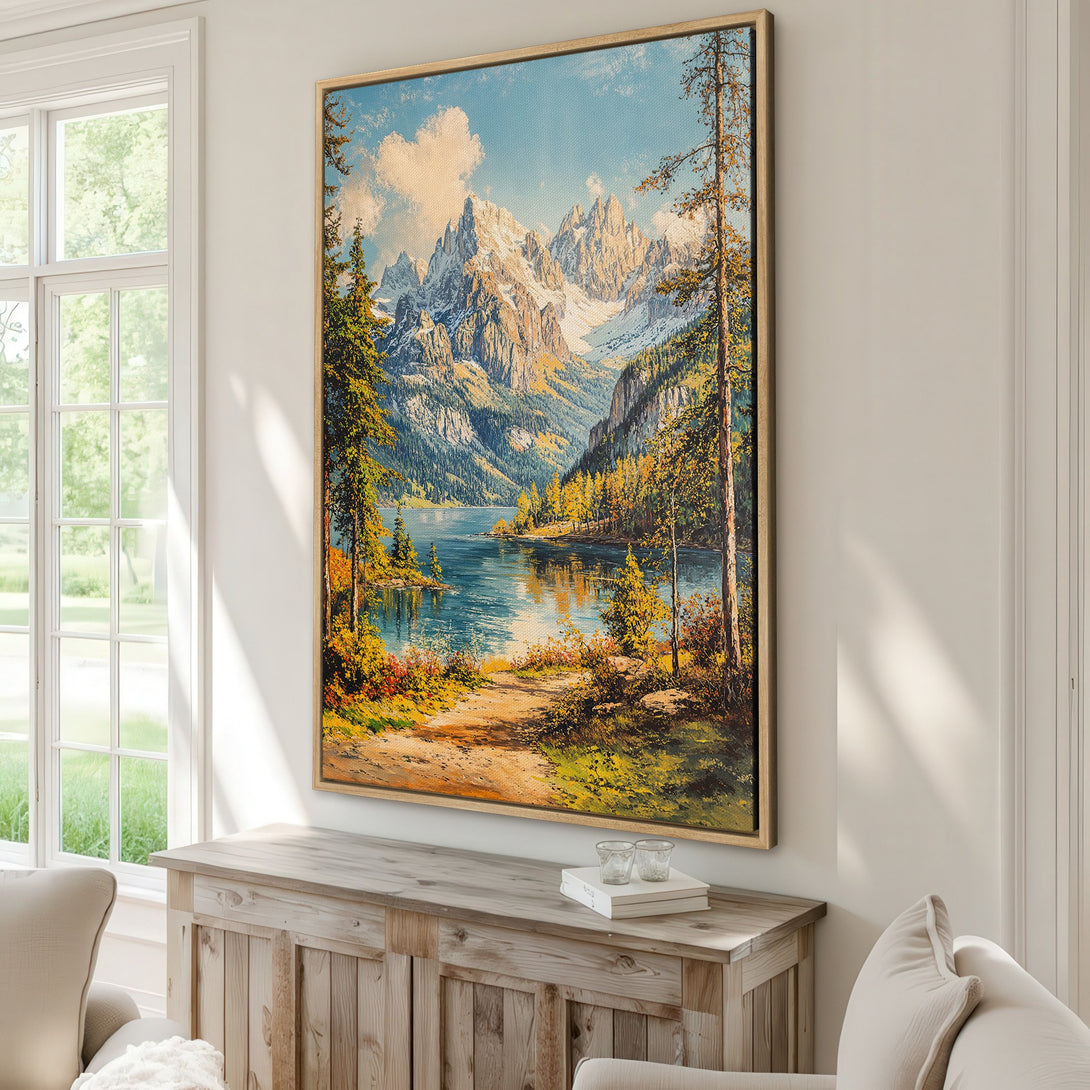 Framed Wall Art of a mountain lake landscape in warm, natural tones. Bring the beauty of nature into your home with this stunning canvas print.