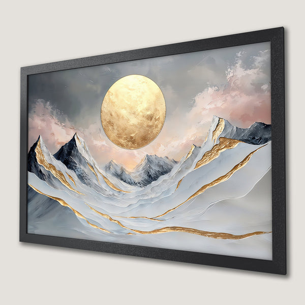 Framed Poster of mountain landscape with gold accents, modern art style, neutral color palette.
