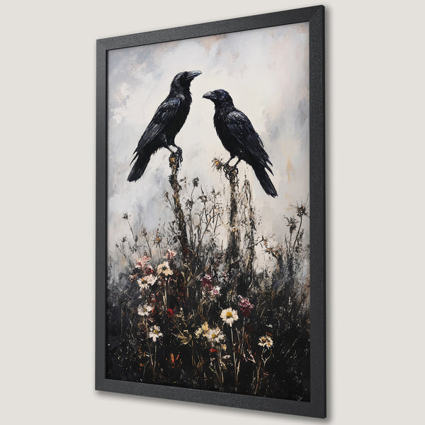 Framed Poster featuring two black ravens in an abstract, painterly style. Earthy tones with a neutral color palette. Perfect wall art!