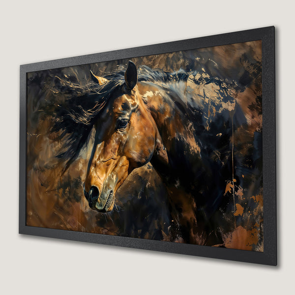 Framed Poster featuring a majestic horse head in an abstract style, with a warm brown and black color palette.