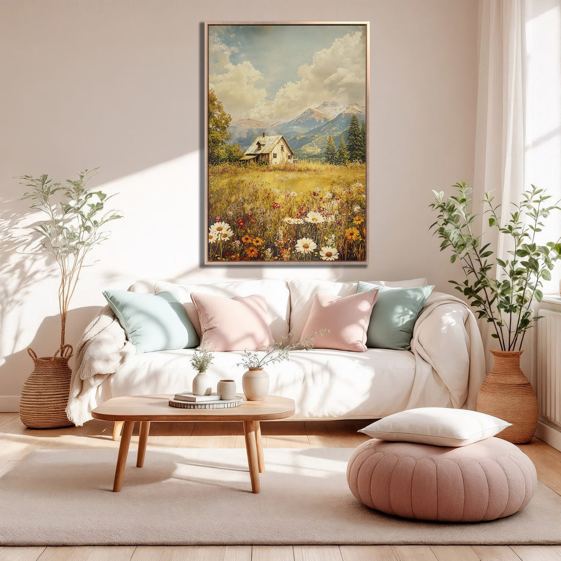Framed Wall Art: Rustic landscape Canvas Print with a cabin in a field, featuring a warm, earthy color palette. Perfect for adding cozy charm to your space.
