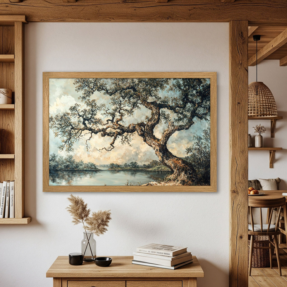 Framed Poster of a serene landscape painting. Rustic style, neutral color palette with blues, greens, and browns. Enhance your home decor!