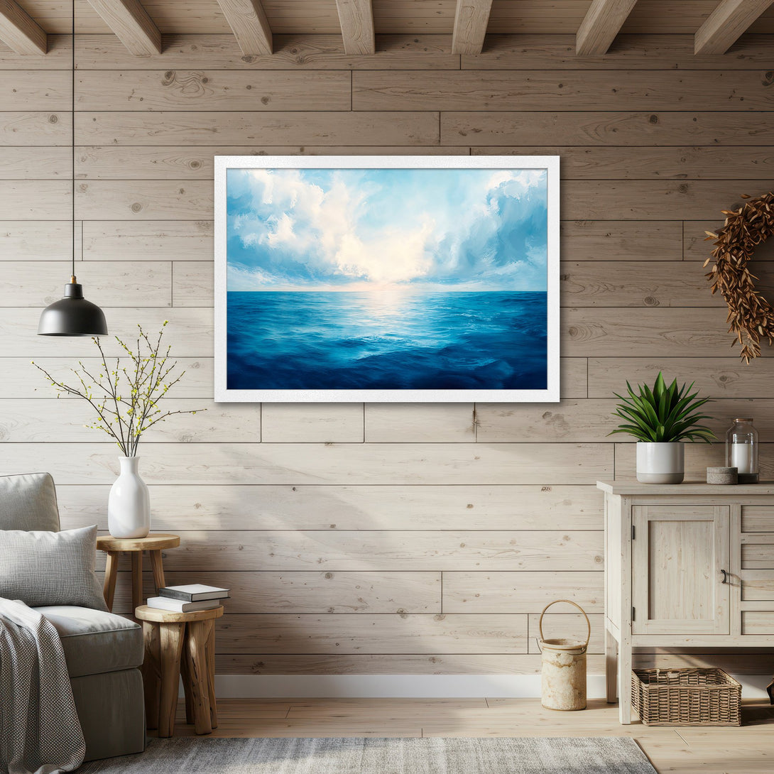 Framed Poster featuring a serene seascape painting in blue hues. Coastal art print for home decor. Bring the ocean to your walls!