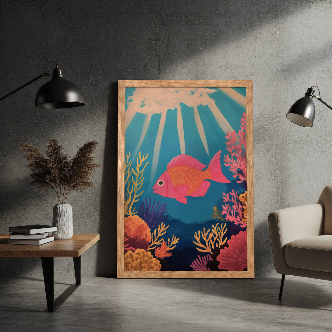 Framed Poster featuring a vibrant coral reef scene with a fish, in a colorful, illustrative style. Blue, pink, and orange hues.